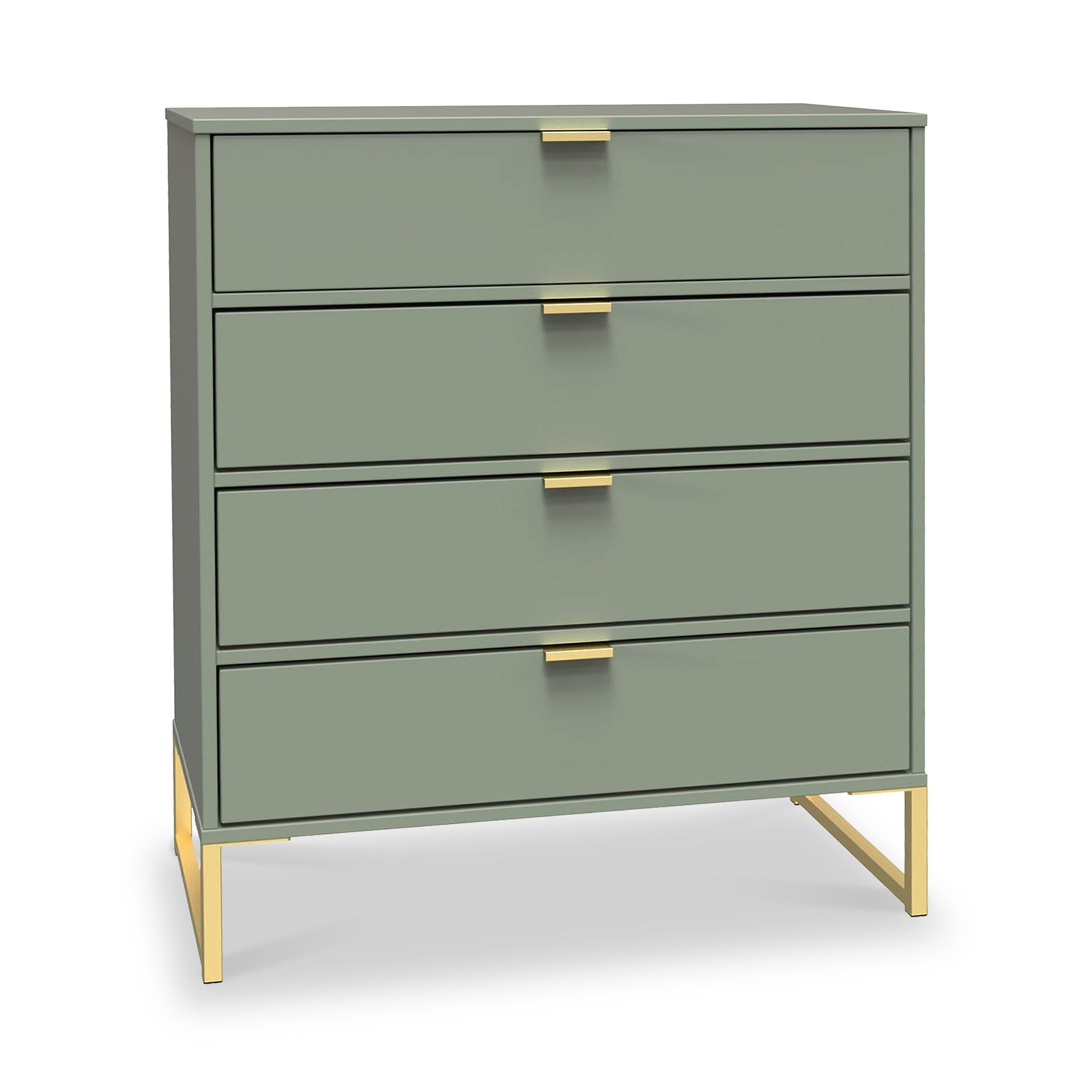 A green four-drawer dresser with gold handles and legs against a white background. The dresser is stationary with no visible action or context beyond its presentation.