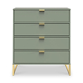 A green dresser with four drawers and gold handles stands against a white background. It has angled gold legs, adding an elegant touch.