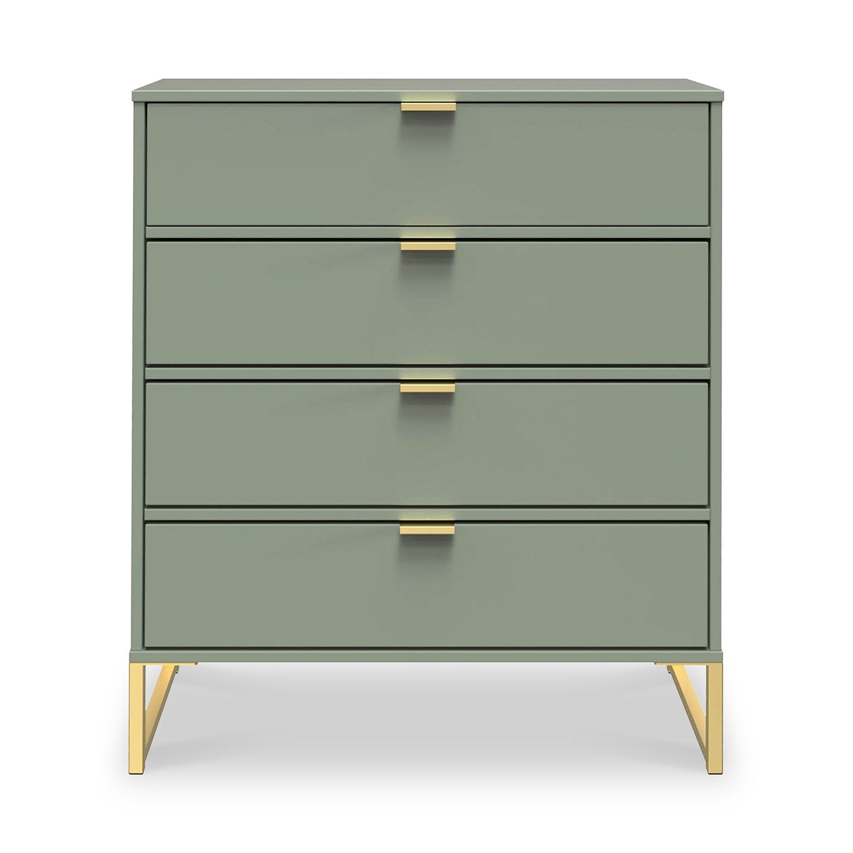 A green dresser with four drawers and gold handles stands against a white background. It has angled gold legs, adding an elegant touch.