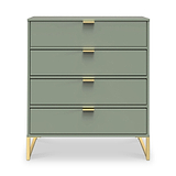 A green dresser with four drawers and gold handles stands against a white background. It has angled gold legs, adding an elegant touch.