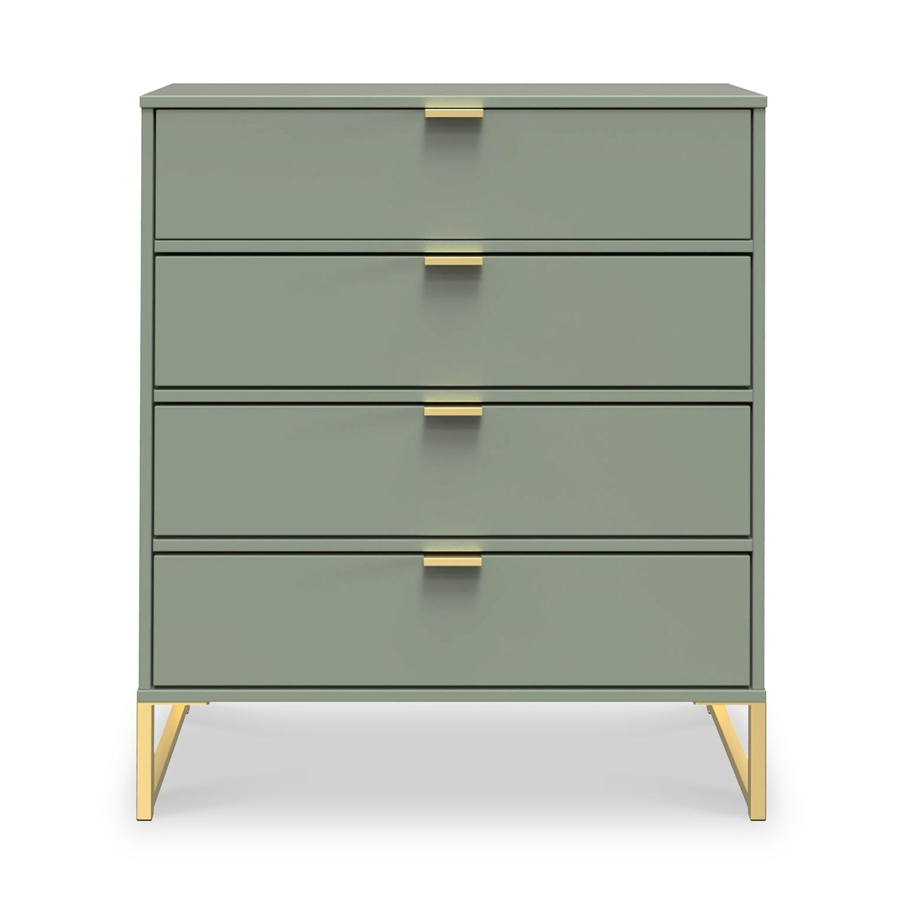A green dresser with four drawers and gold handles stands against a white background. It has angled gold legs, adding an elegant touch.