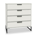 A white four-drawer chest stands stationary with black handles against a plain background. It features a minimalist design with a contrasting base.