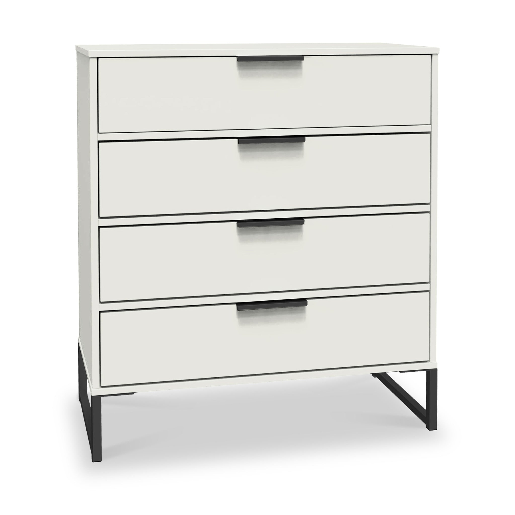 A white four-drawer chest stands stationary with black handles against a plain background. It features a minimalist design with a contrasting base.