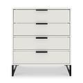 A white four-drawer chest with black horizontal handles, standing on four angled legs, against a neutral background.