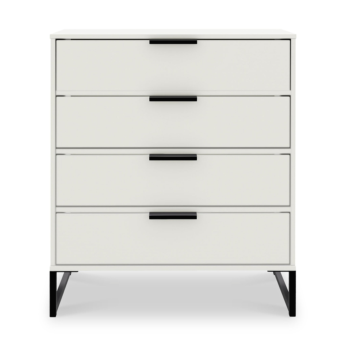 A white four-drawer chest with black horizontal handles, standing on four angled legs, against a neutral background.