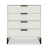 A white four-drawer chest with black horizontal handles, standing on four angled legs, against a neutral background.