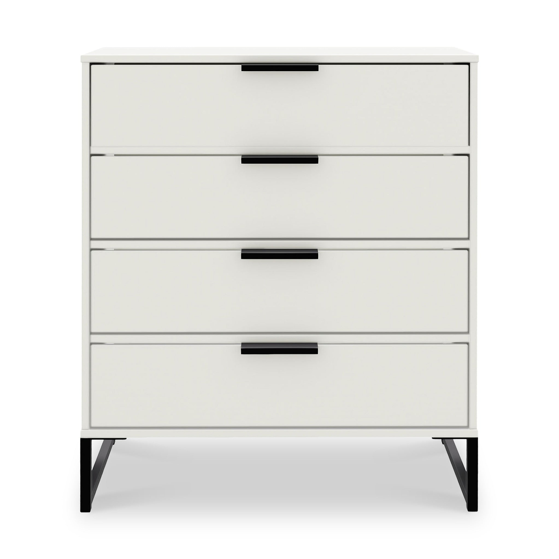 A white four-drawer chest with black horizontal handles, standing on four angled legs, against a neutral background.
