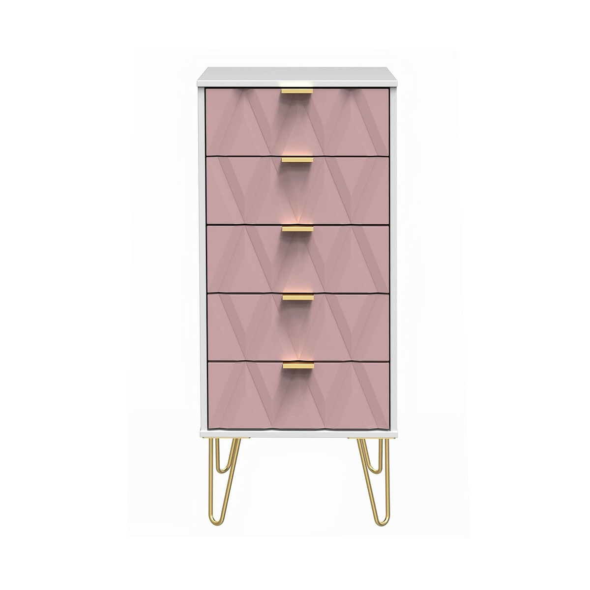 Geo white and pink slim 5 drawer tallboy chest from roseland
