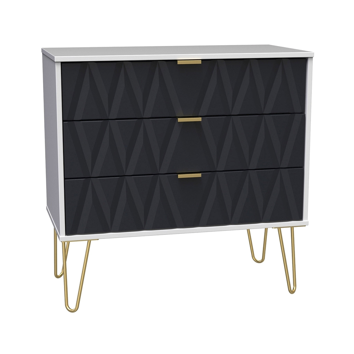A modern dresser with a geometric black facade and gold handles, standing on splayed gold legs, against a neutral background.