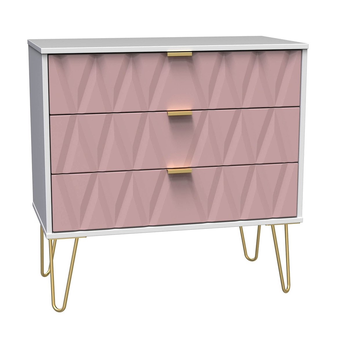 A modern dresser with a textured pink facade and gold handles stands on angled gold legs against a white background. It has three visible drawers.