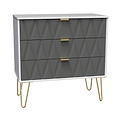 A modern dresser with geometric-patterned gray drawers, gold handles, and slender gold legs stands against a white background.