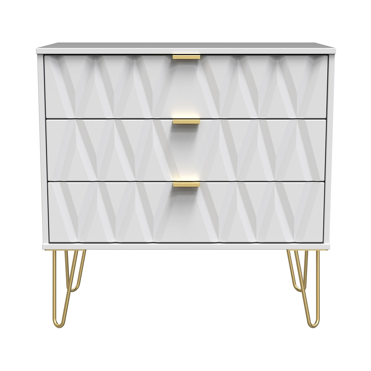 Geo White 3 Drawer Chest with Gold Hairpin Legs from Roseland