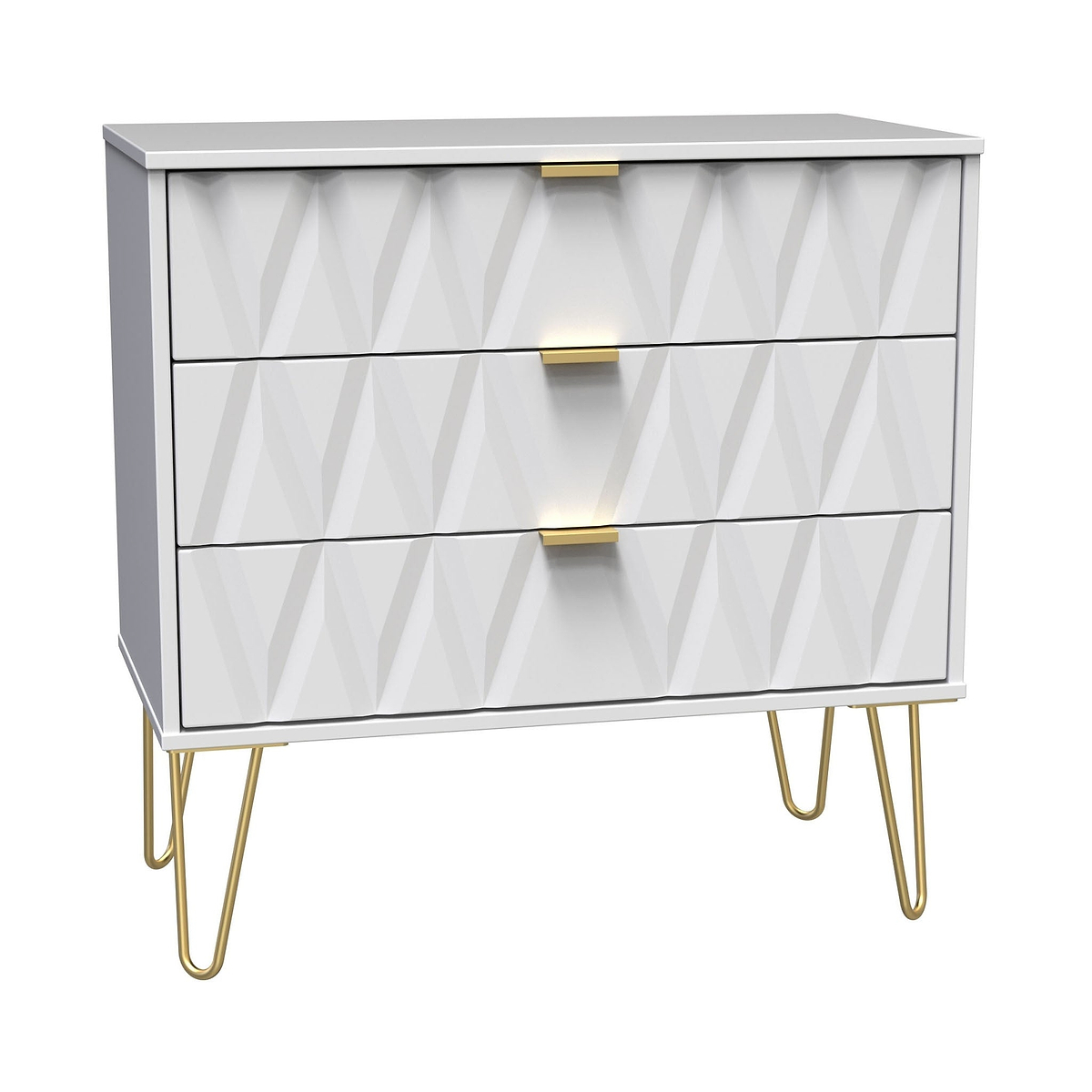 A white chest of drawers with a geometric pattern stands idle, featuring gold handles and legs, isolated on a plain background.