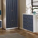 Geo white and navy 4 drawer chest with gold hair pins legs for bedroom