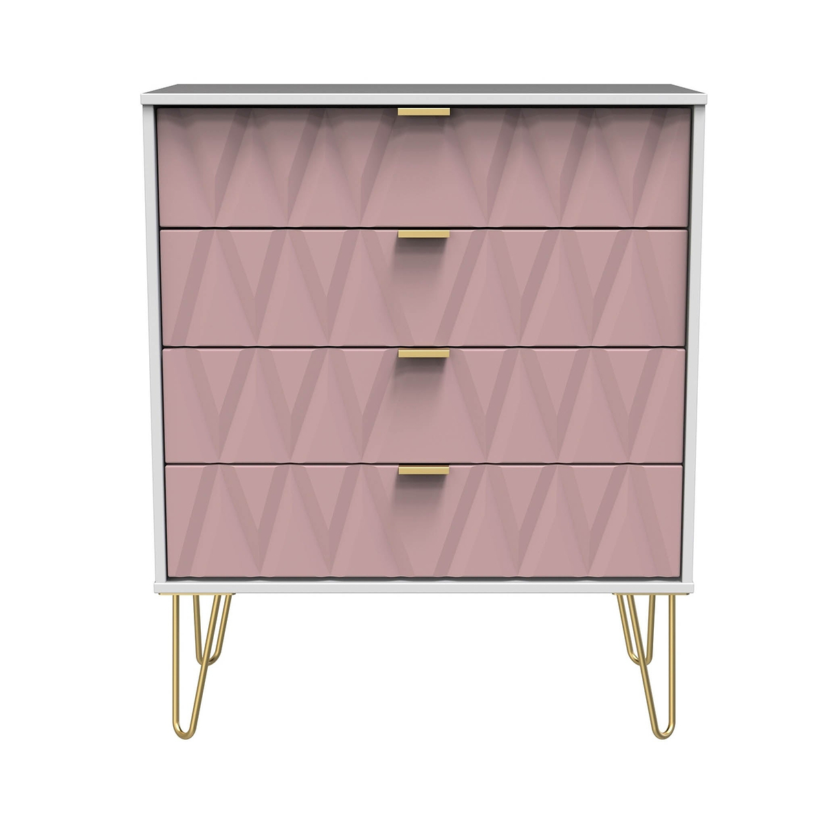 Geo white and pink 4 drawer chest with gold hair pins legs from roseland