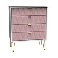 A pink dresser with a geometric pattern and gold handles stands stationary, supported by slanted gold legs, against a white background.