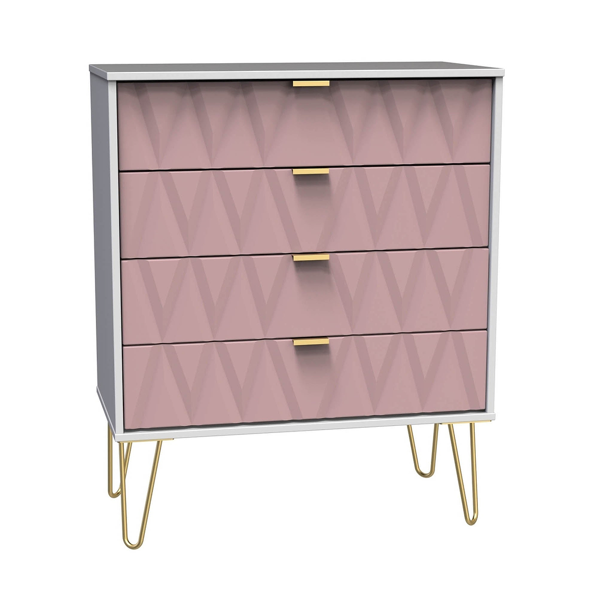A pink dresser with a geometric pattern and gold handles stands stationary, supported by slanted gold legs, against a white background.