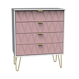 A pink dresser with a geometric pattern and gold handles stands stationary, supported by slanted gold legs, against a white background.