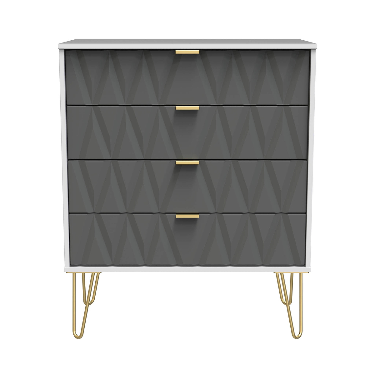 Geo white and grey 4 drawer chest with gold hair pins legs from roseland