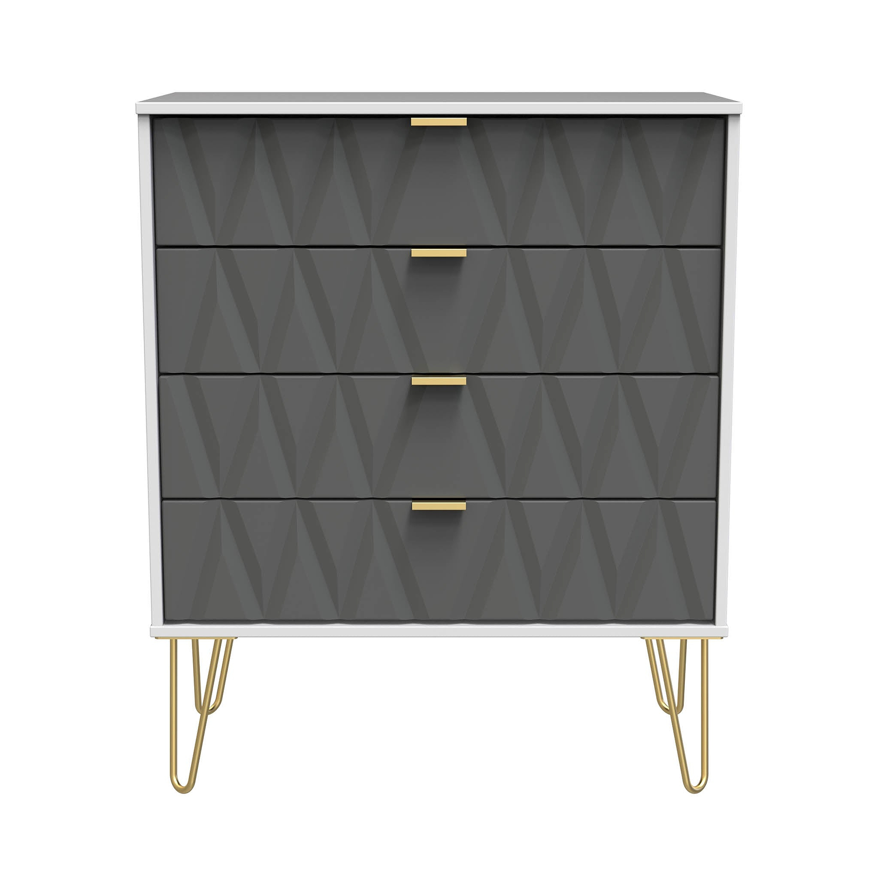 Geo white and grey 4 drawer chest with gold hair pins legs from roseland