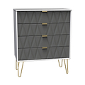 A modern dresser with a geometric pattern and gold-colored handles stands on angled legs, isolated against a white background.