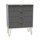 A modern dresser with a geometric pattern and gold-colored handles stands on angled legs, isolated against a white background.