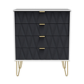 A black chest of drawers with golden handles stands stationary against a white background; it features hairpin legs and a geometric pattern on the drawer fronts.