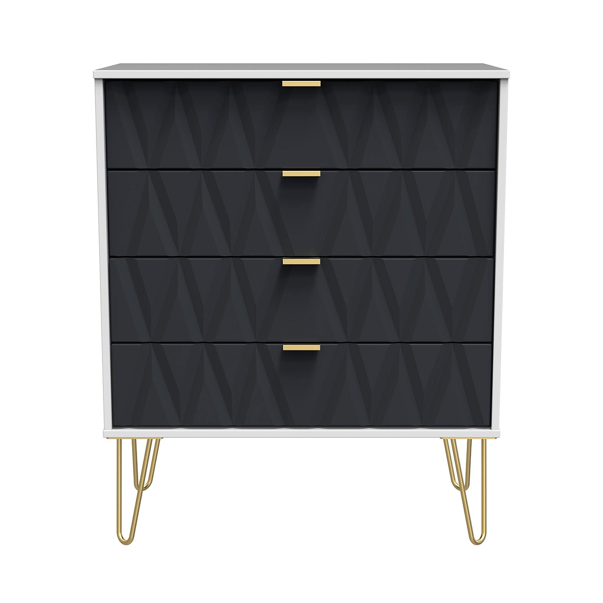 A black chest of drawers with golden handles stands stationary against a white background; it features hairpin legs and a geometric pattern on the drawer fronts.