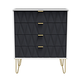 A black chest of drawers with golden handles stands stationary against a white background; it features hairpin legs and a geometric pattern on the drawer fronts.