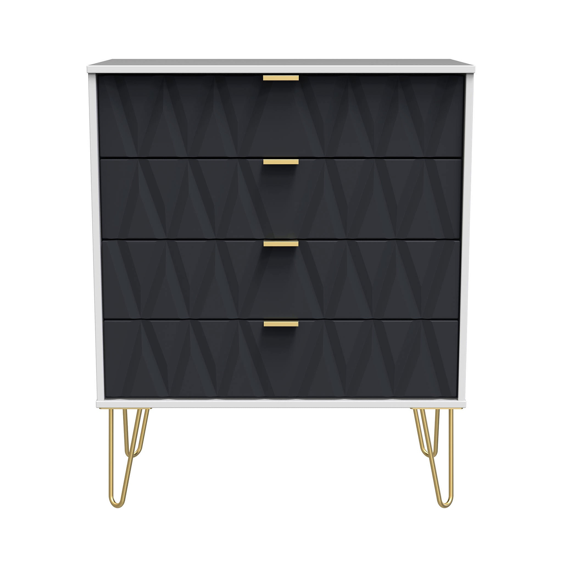 A black chest of drawers with golden handles stands stationary against a white background; it features hairpin legs and a geometric pattern on the drawer fronts.