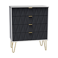 A modern dresser with a geometric black facade, three drawers with gold handles, and slender gold legs is set against a white background.