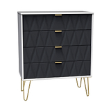 A modern dresser with a geometric black facade, three drawers with gold handles, and slender gold legs is set against a white background.