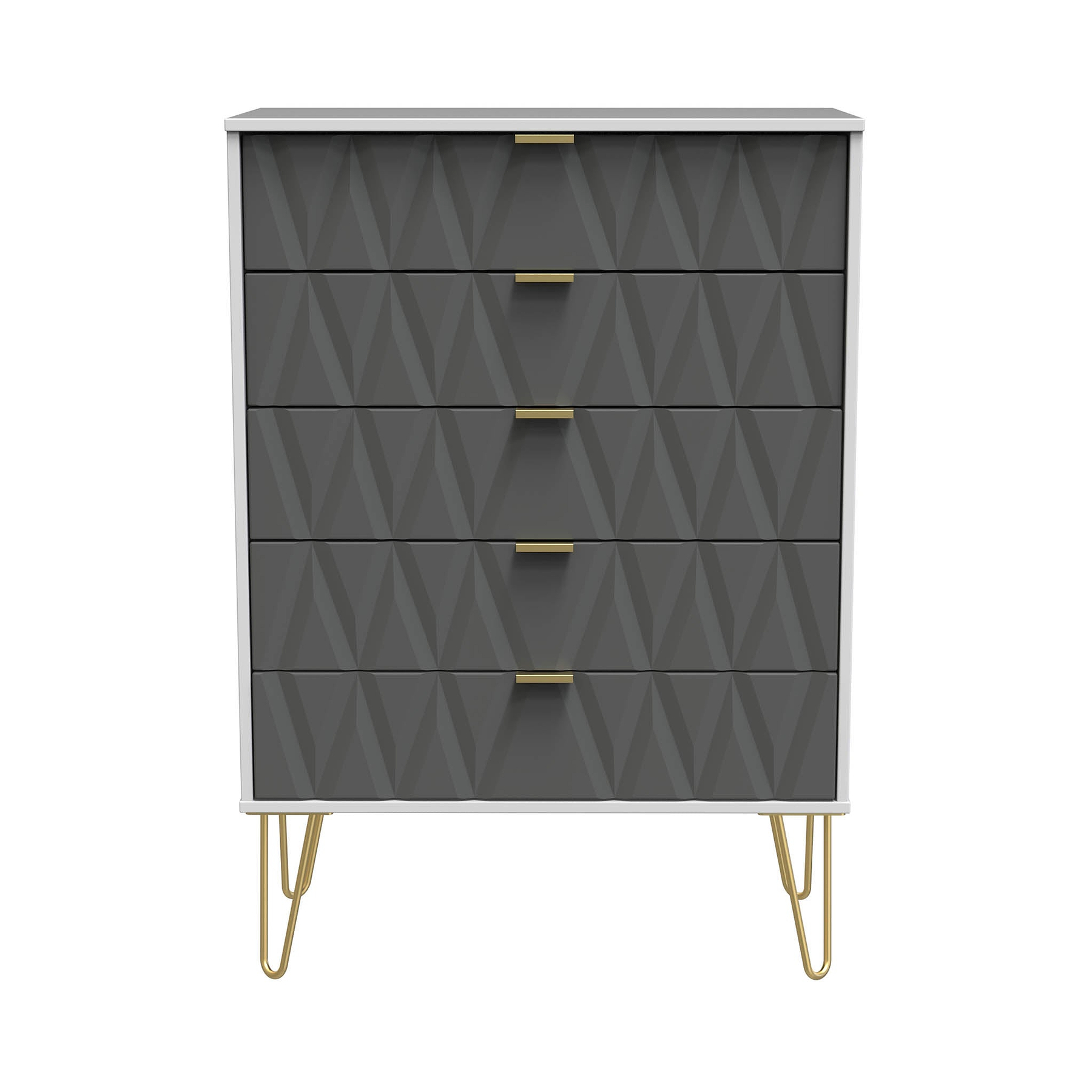 Geo white and grey large 5 drawer chest with gold hair pin legs from roseland