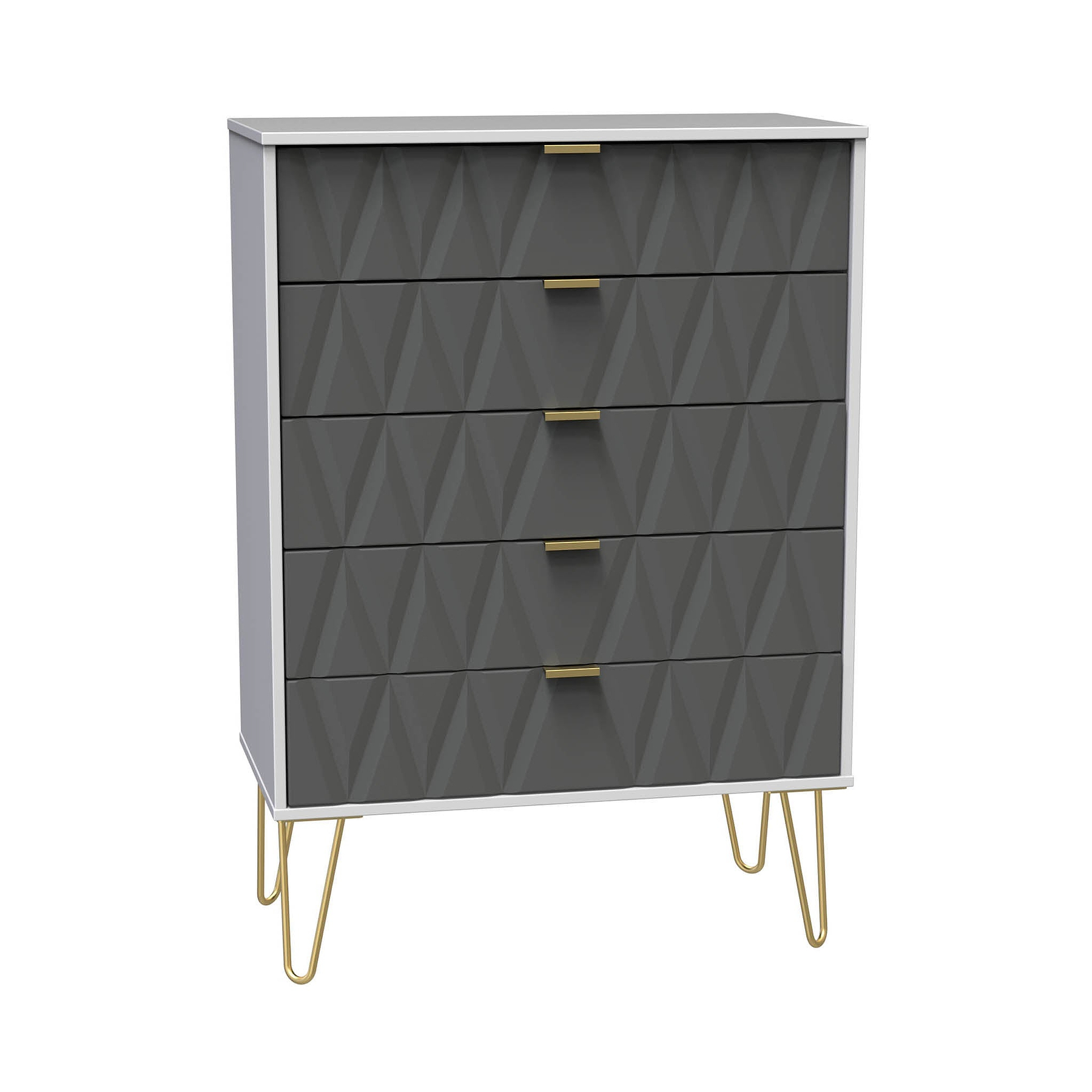 A gray, textured dresser with four drawers and brass handles stands on angled gold legs against a white background.
