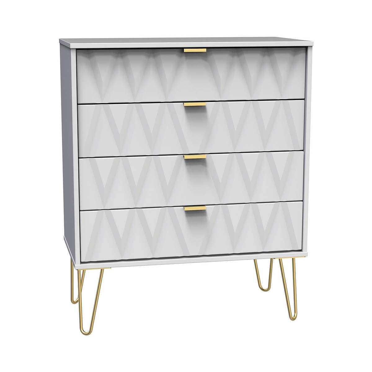 A modern dresser with hairpin golden legs features a geometric pattern and gold handles, isolated against a white background.