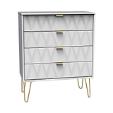 A modern dresser with hairpin golden legs features a geometric pattern and gold handles, isolated against a white background.