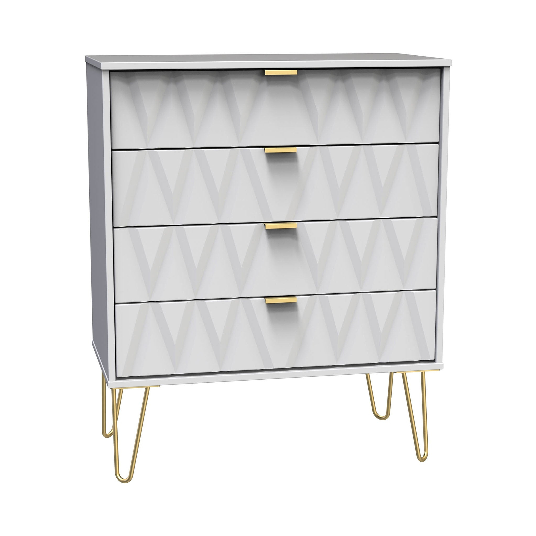 A modern dresser with hairpin golden legs features a geometric pattern and gold handles, isolated against a white background.