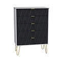 A modern dresser with a geometric textured surface and gold handles stands on elegant, hairpin-style legs, isolated on a white background.