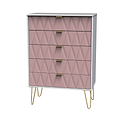 Geo white and pink large 5 drawer contemporary chest with gold hair pin legs