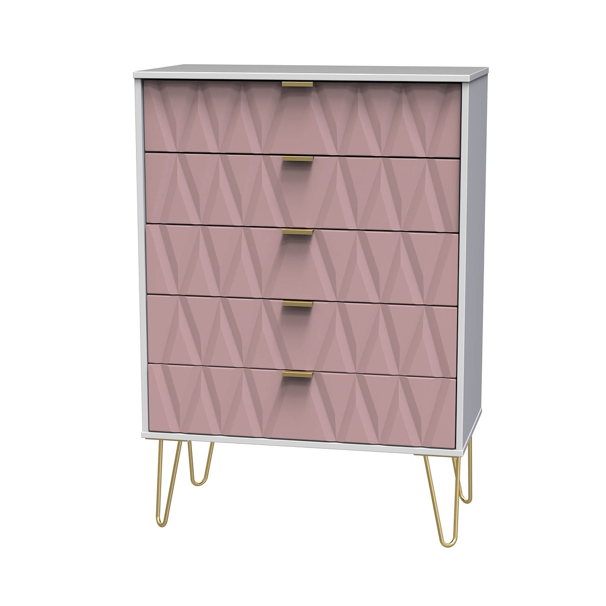 Geo white and pink large 5 drawer contemporary chest with gold hair pin legs