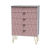 Geo white and pink large 5 drawer contemporary chest with gold hair pin legs