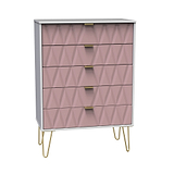 A modern pink dresser with a geometric pattern front and gold handles stands on splayed gold legs against a plain white background.