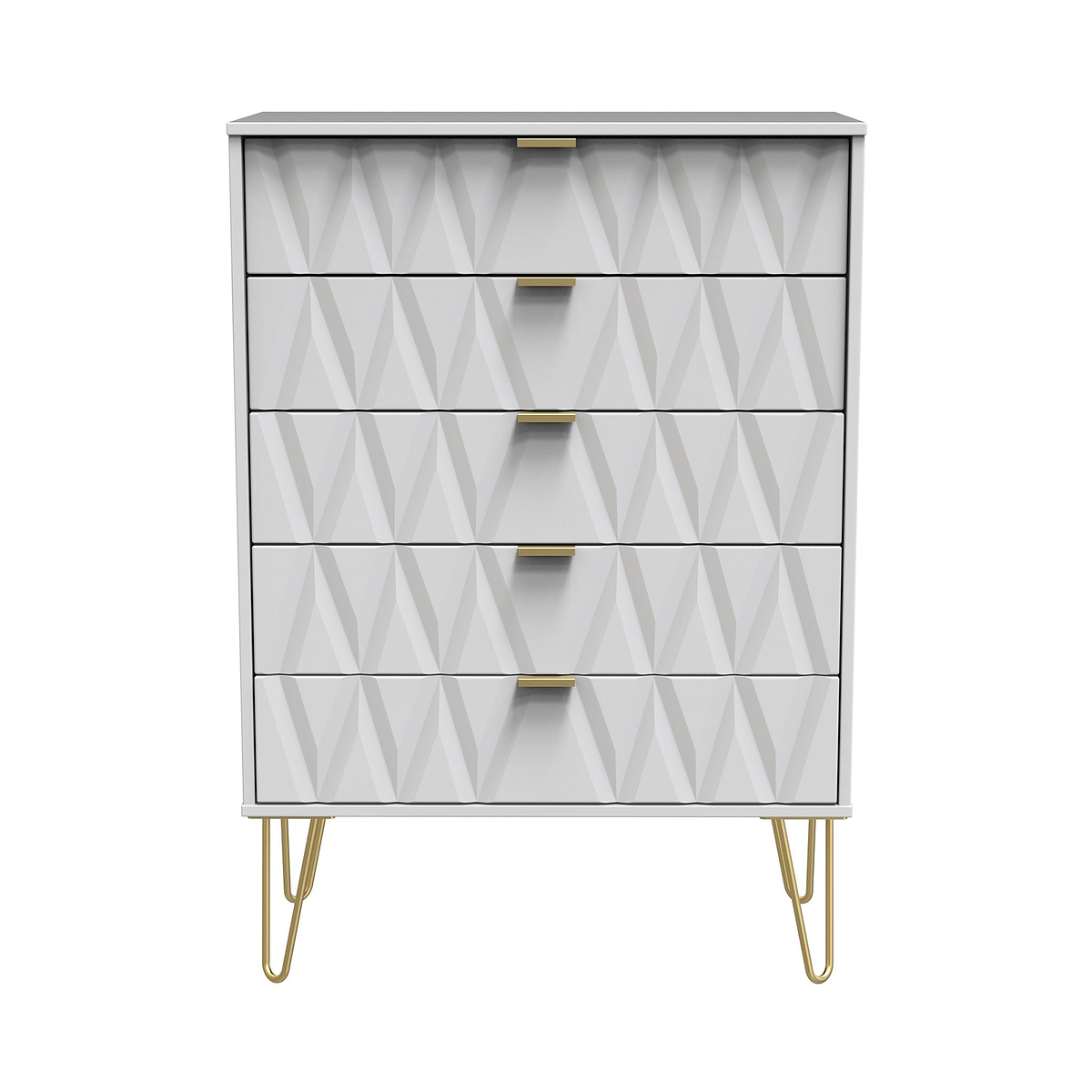 Geo white large 5 drawer chest with gold hair pin legs from roseland