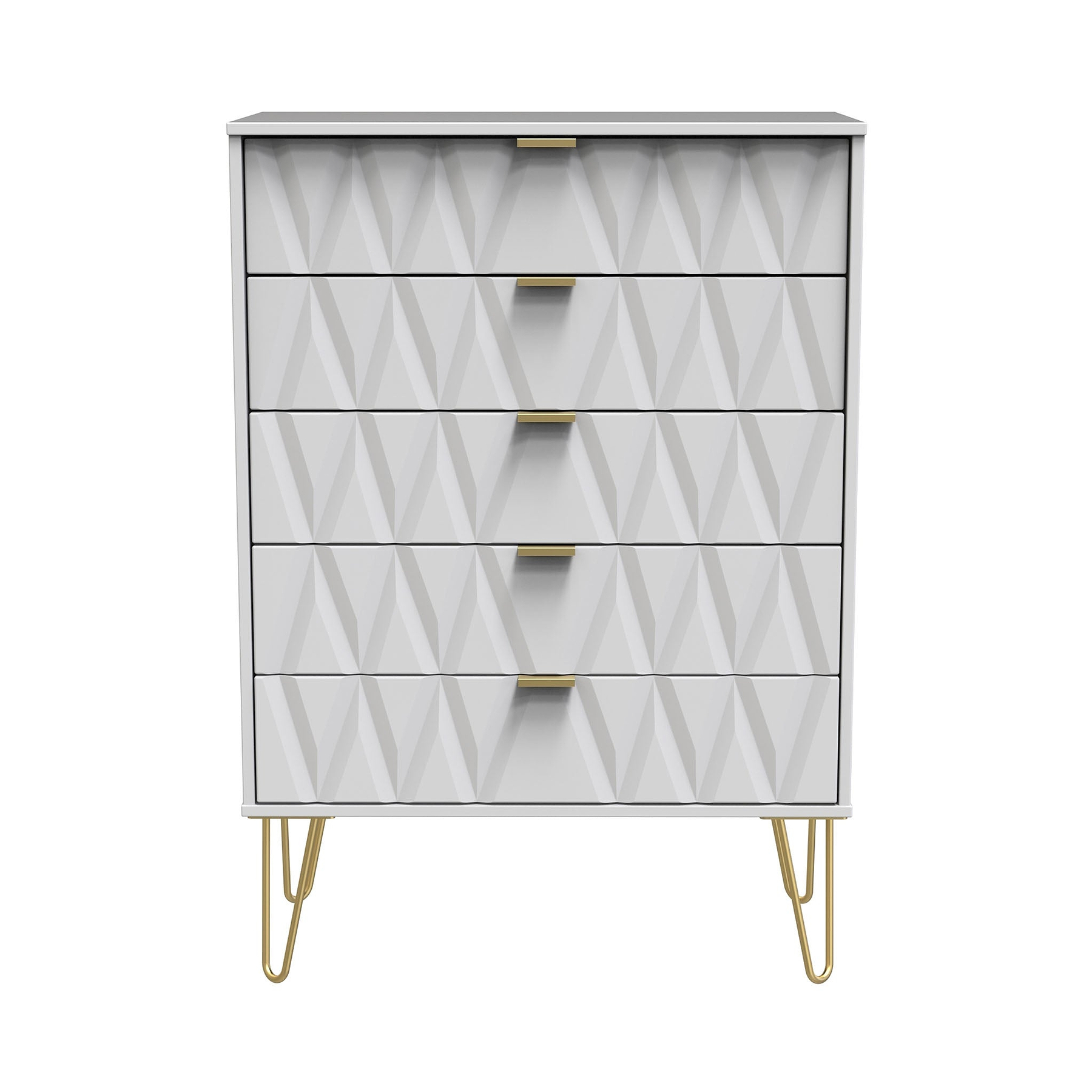 Geo white large 5 drawer chest with gold hair pin legs from roseland