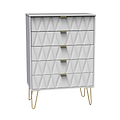 A modern grey dresser with geometric patterned drawers and brass handles, standing on splayed golden legs, isolated against a white background.