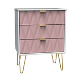 A modern dresser with a textured front, gold handles, and hairpin legs, isolated on a white background.