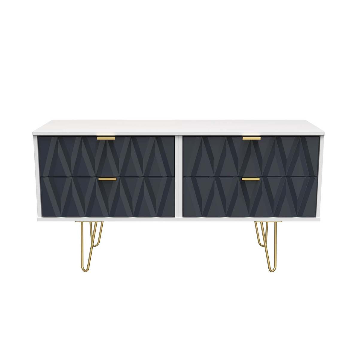 Geo white and navy 4 Drawer Low TV Unit with gold hairpin legs from Roseland