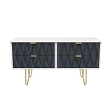 Geo white and navy 4 Drawer Low TV Unit with gold hairpin legs from Roseland