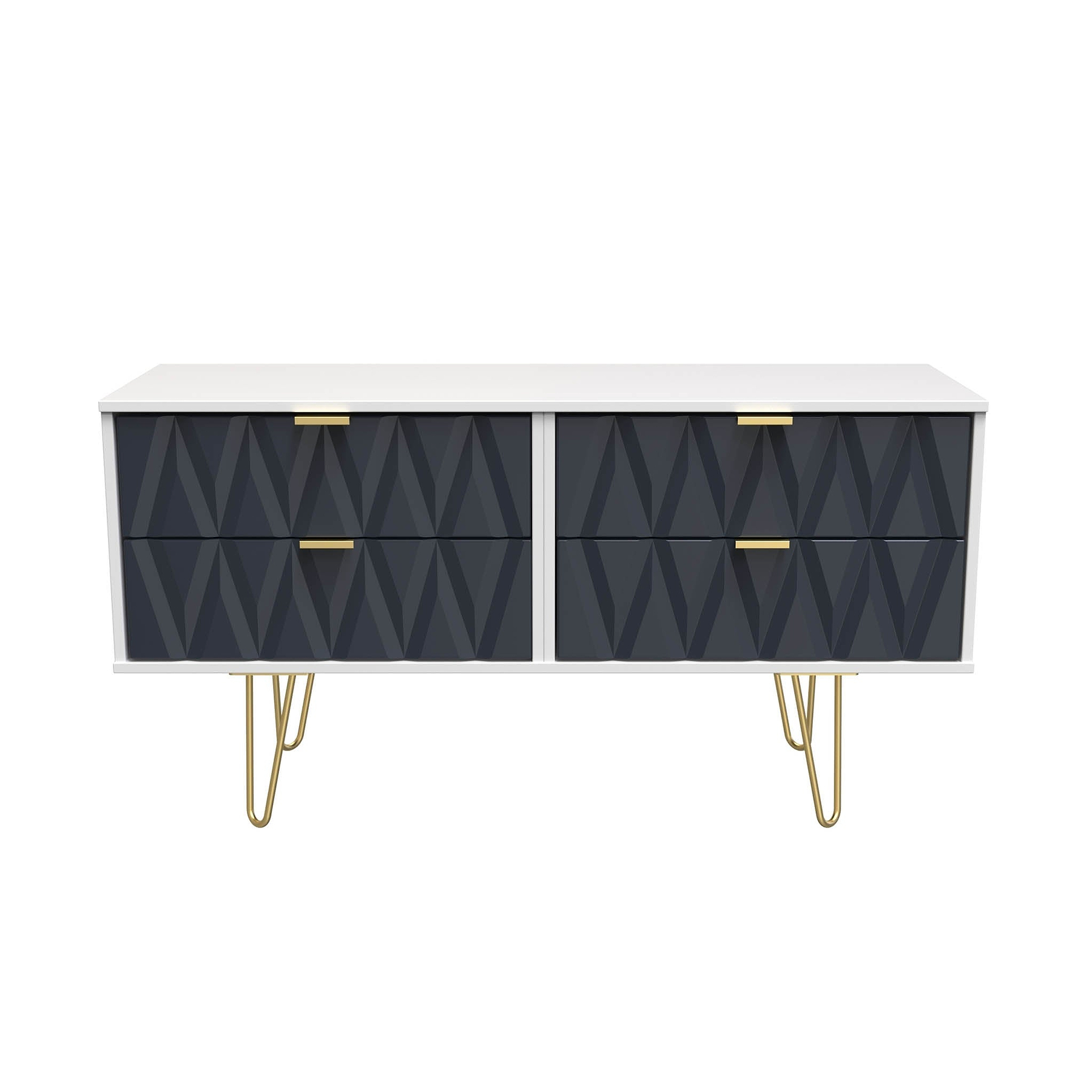 Geo white and navy 4 Drawer Low TV Unit with gold hairpin legs from Roseland