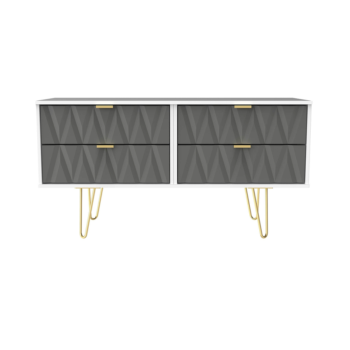 Geo white and grey 4 Drawer Low TV Unit with gold hairpin legs from roserland